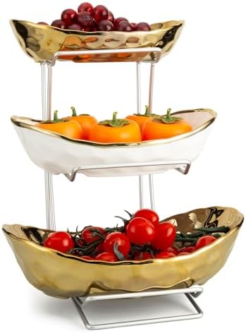 3 Tier Ceramic Fruit Basket for Kitchen Counter with Metal Stand, Fruit Bowls with Rack, Porcelain Bowls for