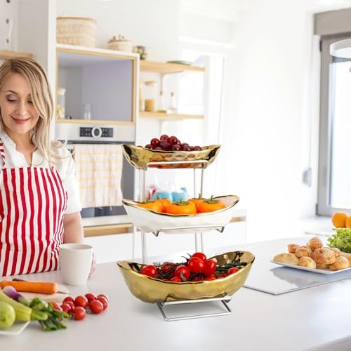 3 Tier Ceramic Fruit Basket for Kitchen Counter with Metal Stand, Fruit Bowls with Rack, Porcelain Bowls for, alternate view