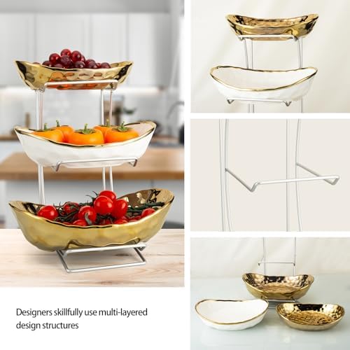 3 Tier Ceramic Fruit Basket for Kitchen Counter with Metal Stand, Fruit Bowls with Rack, Porcelain Bowls for, alternate view