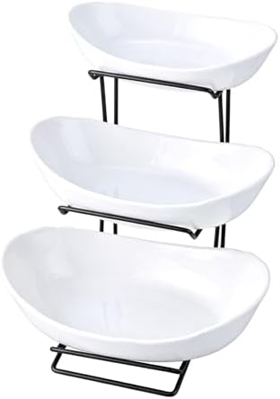 3 Tier Ceramic Fruit Basket for Kitchen Counter with Metal Stand, Fruit Bowls with Rack, Porcelain Bowls for