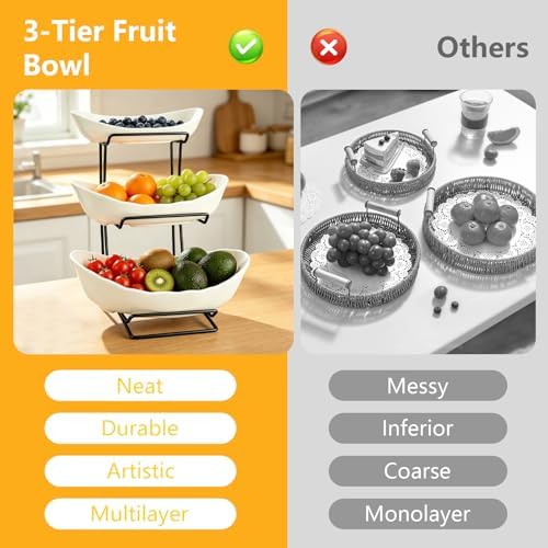 3 Tier Ceramic Fruit Basket for Kitchen Counter with Metal Stand, Fruit Bowls with Rack, Porcelain Bowls for, alternate view