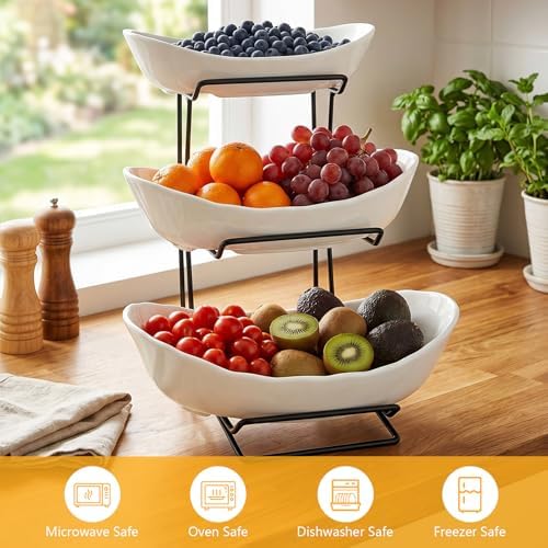 3 Tier Ceramic Fruit Basket for Kitchen Counter with Metal Stand, Fruit Bowls with Rack, Porcelain Bowls for, alternate view