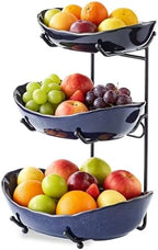 3 Tier Ceramic Fruit Bowl for Kitchen Counter in 3 tier in 3 tier-Black&Dark blue