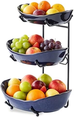 3 Tier Ceramic Fruit Bowl for Kitchen Counter in 3 tier in 3 tier-Black&Dark blue