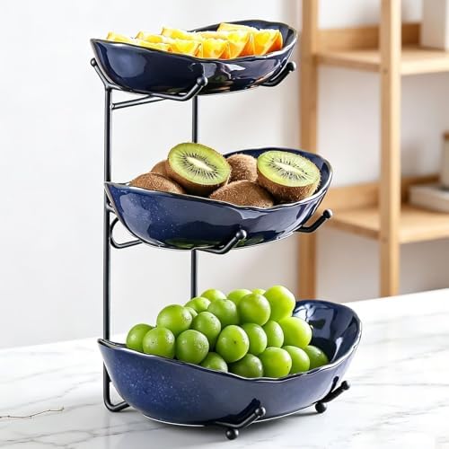 3 Tier Ceramic Fruit Bowl for Kitchen Counter in 3 tier in 3 tier-Black&Dark blue, alternate view 2