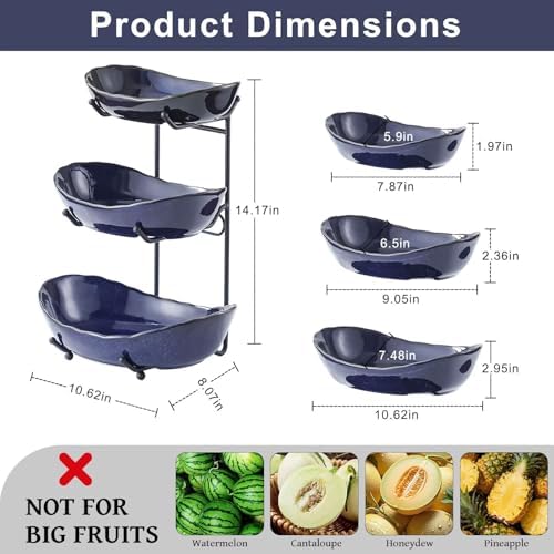 3 Tier Ceramic Fruit Bowl for Kitchen Counter in 3 tier in 3 tier-Black&Dark blue, alternate view 3