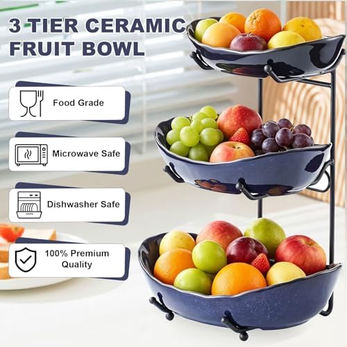 3 Tier Ceramic Fruit Bowl for Kitchen Counter in 3 tier in 3 tier-Black&Dark blue, alternate view 5