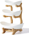 3 Tier Ceramic Fruit Bowl With Bamboo Wood Stand for Kitchen Counter, Porcelain Fruit Basket for Vegetable