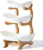 3 Tier Ceramic Fruit Bowl With Bamboo Wood Stand for Kitchen Counter, Porcelain Fruit Basket for Vegetable