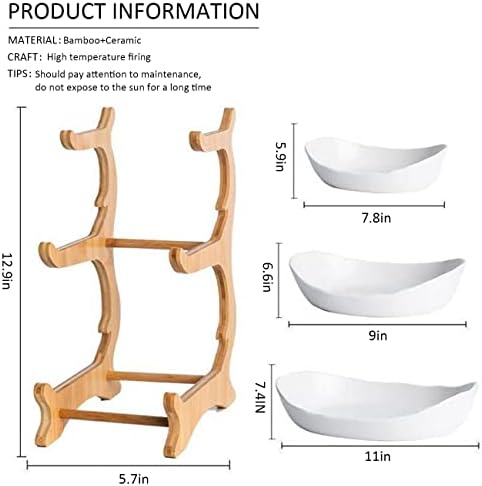 3 Tier Ceramic Fruit Bowl With Bamboo Wood Stand for Kitchen Counter, Porcelain Fruit Basket for Vegetable, alternate view 3