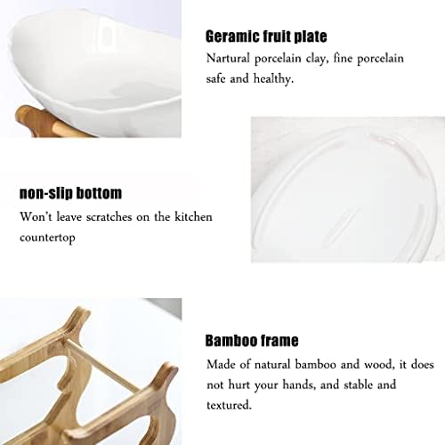 3 Tier Ceramic Fruit Bowl With Bamboo Wood Stand for Kitchen Counter, Porcelain Fruit Basket for Vegetable, alternate view 6