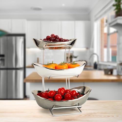 3 Tier Ceramic Fruit Bowls for Kitchen Counter with Metal Rack, Fruit Basket with Stand, Porcelain Bowls for, alternate view