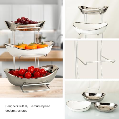 3 Tier Ceramic Fruit Bowls for Kitchen Counter with Metal Rack, Fruit Basket with Stand, Porcelain Bowls for, alternate view