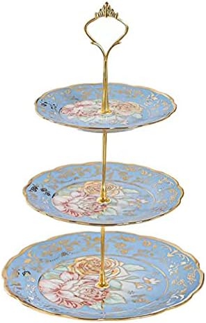 3 Tier Ceramic Vintage Cake Stand with Beautiful Classic Rose Pattern, Food Rack for Displaying Cake Platter