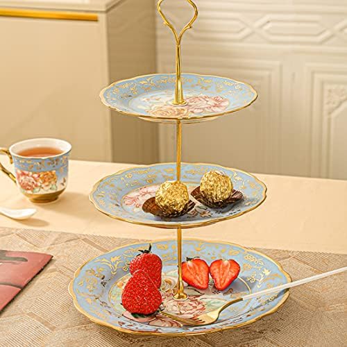 3 Tier Ceramic Vintage Cake Stand with Beautiful Classic Rose Pattern, Food Rack for Displaying Cake Platter, alternate view
