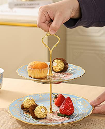 3 Tier Ceramic Vintage Cake Stand with Beautiful Classic Rose Pattern, Food Rack for Displaying Cake Platter, alternate view