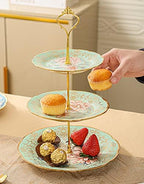 3 Tier Ceramic Vintage Cake Stand with Beautiful Classic Rose Pattern, Food Rack for Displaying Cake Platter, alternate view