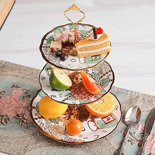 3 Tier Ceramic Vintage Cake Stand with Beautiful Classic Rose Pattern, Food Rack for Displaying Cake Platter, alternate view