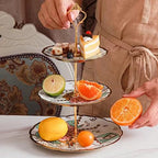 3 Tier Ceramic Vintage Cake Stand with Beautiful Classic Rose Pattern, Food Rack for Displaying Cake Platter, alternate view