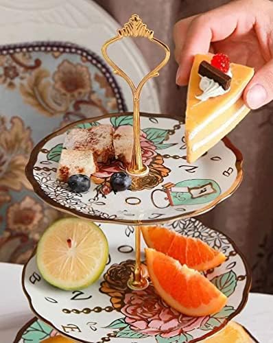3 Tier Ceramic Vintage Cake Stand with Beautiful Classic Rose Pattern, Food Rack for Displaying Cake Platter, alternate view