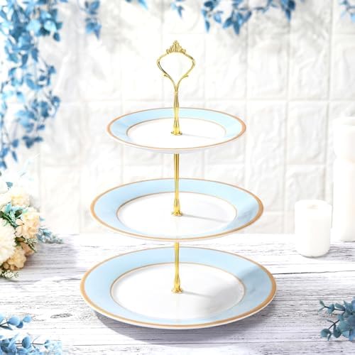 3 Tier Christmas Cupcake Stand Blue Ceramic with Gold Frame in Blue