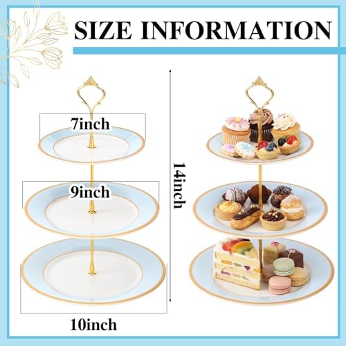 3 Tier Christmas Cupcake Stand Blue Ceramic with Gold Frame in Blue, alternate view 2