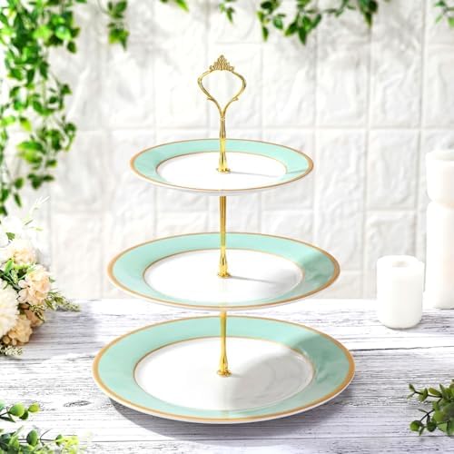 3 Tier Christmas Cupcake Stand Green Ceramic with Gold Frame in Green