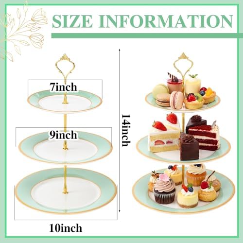 3 Tier Christmas Cupcake Stand Green Ceramic with Gold Frame in Green, alternate view 2