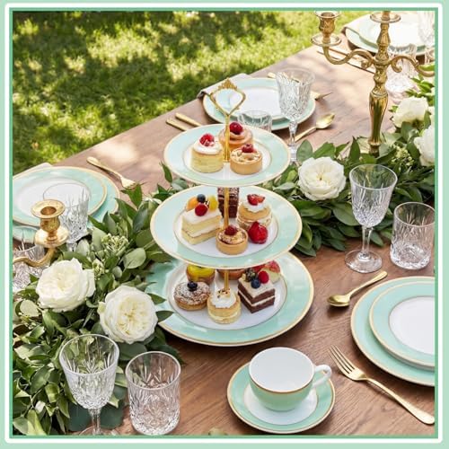 3 Tier Christmas Cupcake Stand Green Ceramic with Gold Frame in Green, alternate view 3