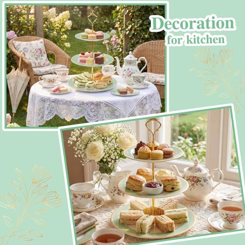 3 Tier Christmas Cupcake Stand Green Ceramic with Gold Frame in Green, alternate view 4