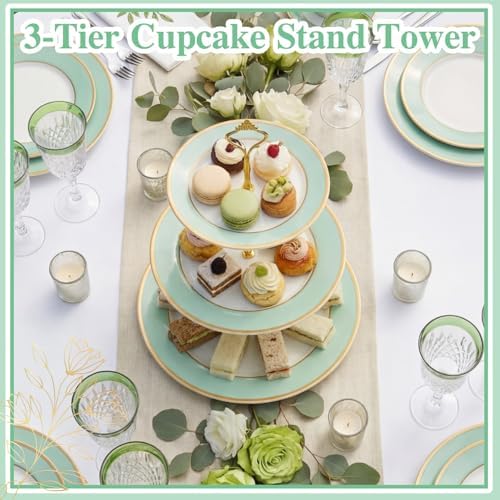 3 Tier Christmas Cupcake Stand Green Ceramic with Gold Frame in Green, alternate view 5