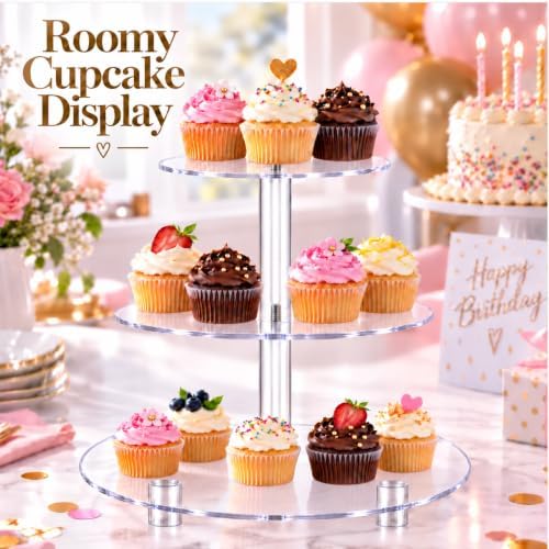 3 Tier Clear Acrylic Cupcake Stand, Wide Round Dessert Display in Clear, alternate view 2