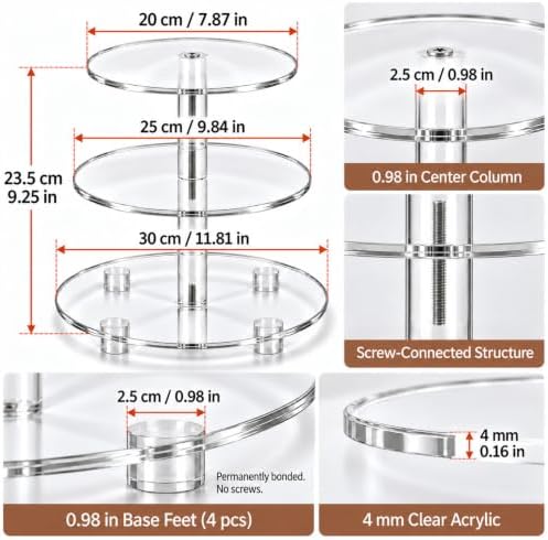 3 Tier Clear Acrylic Cupcake Stand, Wide Round Dessert Display in Clear, alternate view 3