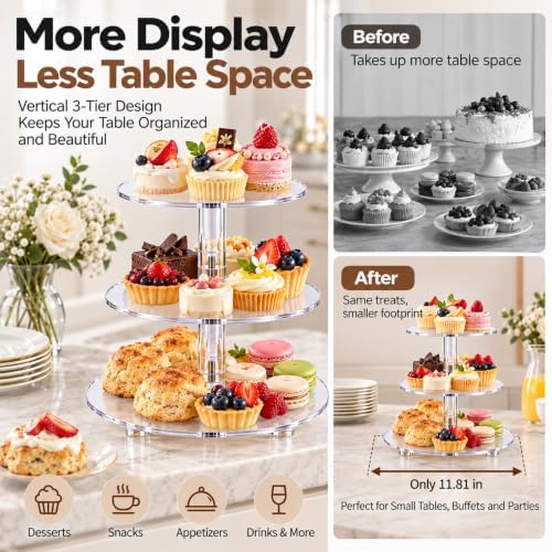 3 Tier Clear Acrylic Cupcake Stand, Wide Round Dessert Display in Clear, alternate view 4