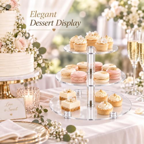 3 Tier Clear Acrylic Cupcake Stand, Wide Round Dessert Display in Clear, alternate view 6