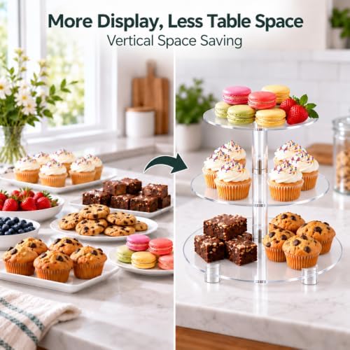 3 Tier Clear Acrylic Cupcake Stand, Wide Round Dessert Display in Clear, alternate view 7