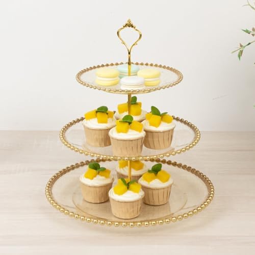 3-Tier Clear Gold Glitter Cupcake Stand Beaded Rim Dessert Display Tower for Bridal Shower & Birthday Parties