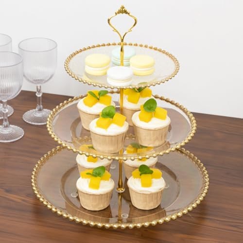 3-Tier Clear Gold Glitter Cupcake Stand Beaded Rim Dessert Display Tower for Bridal Shower & Birthday Parties, alternate view
