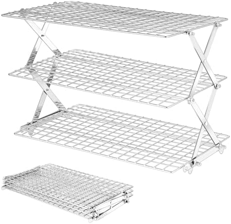 3-Tier Collapsible Cooling Rack - Adjustable Stainless Steel Baking Rack with X-Shaped Design and Leak-Proof