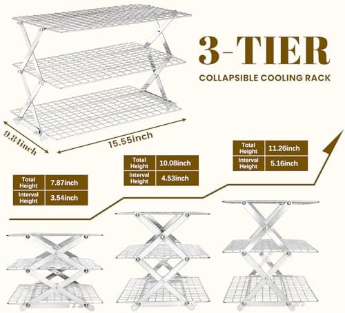 3-Tier Collapsible Cooling Rack - Adjustable Stainless Steel Baking Rack with X-Shaped Design and Leak-Proof, alternate view