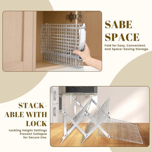 3-Tier Collapsible Cooling Rack - Adjustable Stainless Steel Baking Rack with X-Shaped Design and Leak-Proof, alternate view