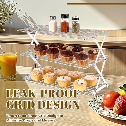 3-Tier Collapsible Cooling Rack - Adjustable Stainless Steel Baking Rack with X-Shaped Design and Leak-Proof, alternate view