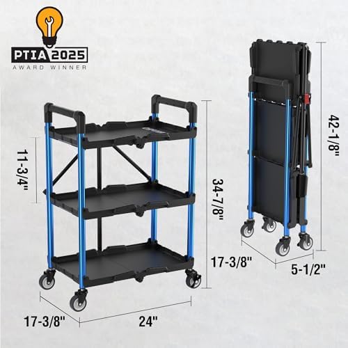 3-Tier Collapsible Utility Cart, 210 LBS Cart with Wheels, alternate view 2