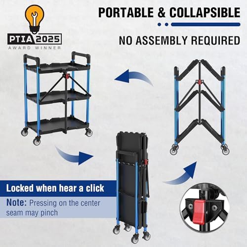 3-Tier Collapsible Utility Cart, 210 LBS Cart with Wheels, alternate view 3