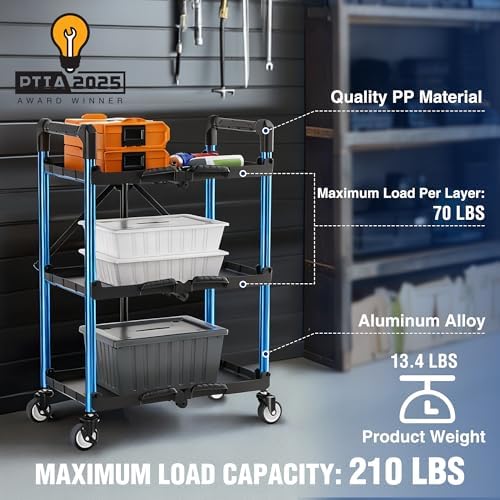 3-Tier Collapsible Utility Cart, 210 LBS Cart with Wheels, alternate view 4