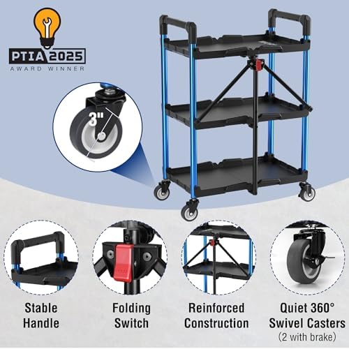 3-Tier Collapsible Utility Cart, 210 LBS Cart with Wheels, alternate view 5