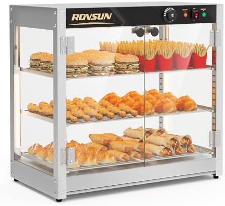 3-Tier Commercial Food Warmer, 27" Pizza Warmer Food Warmer Display with LED Adjustable Lighting Glass Door