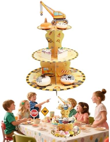 3 Tier Construction Cupcake Stand, Cupcake Stand Cardboard - Easy to Assemble& Reusable(3Vehicle) in 3vehicle