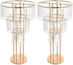 3 Tier Crystal Flower Stand, 2pcs Wedding Gold Vases Centerpieces with Hanging Crystals, Round Chandelier