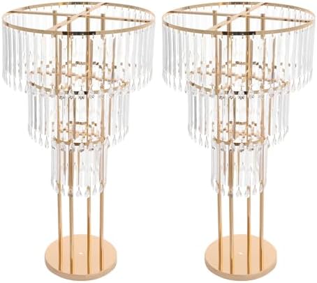 3 Tier Crystal Flower Stand, 2pcs Wedding Gold Vases Centerpieces with Hanging Crystals, Round Chandelier
